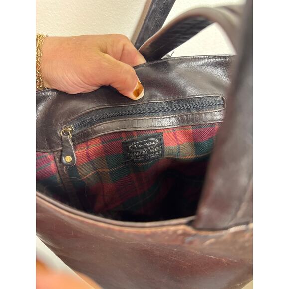 TANNERY WEST Brown Leather Hand Painted Backpack Handbag  Vintage Tannery West Dark Brown Leather Backpack Tote